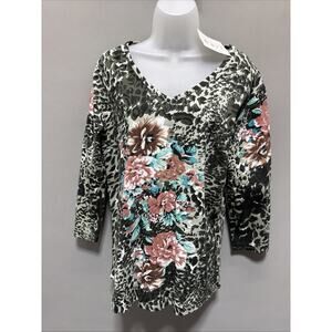 Vintage Keren Hart Womens Blouse Top L Multicolor Floral Animal Print New